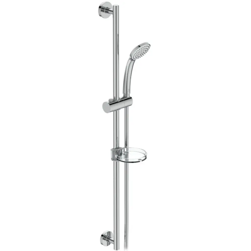 Brausekombination von Ideal Standard mit einer Handbrause an einer verchromten Wandhalterung und einem Ablagefach für Duschutensilien.